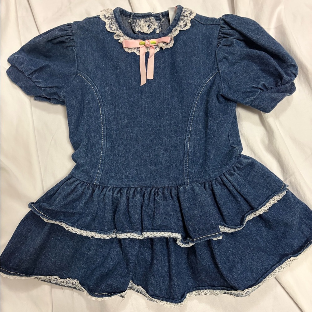 Vintage Denim Tiered Ruffle Dress with Lace Trim and Pink Bow